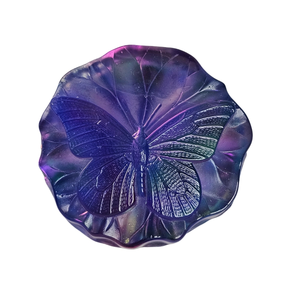 Robin Lehman Cast Glass Butterfly Iridescent Purple Dichroic Paperweight Art Vtg